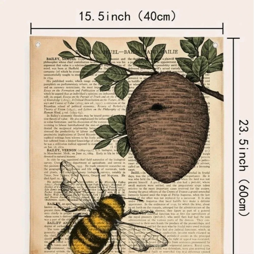 Bee Beehive Vintage Book page Wall Tapestry Tree Bohemian Rustic Drawing green